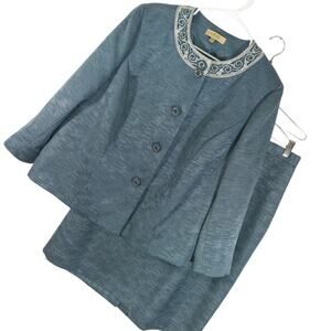 NWOT! KASPER! LAKE BLUE RAW SATIN LOOK, BEADED NECK 2 PIECE SKIRT SUIT! SZ 18W